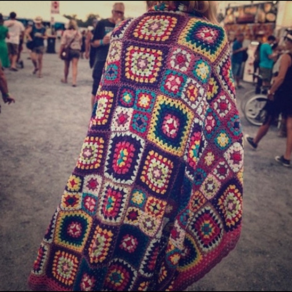 Vintage Beautiful Handmade Multicolored Crocheted Granny Square Afghan